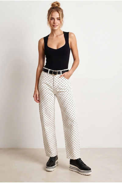Olalook Women's Polka Dot White Black High Waist Pocketed Barrel Jean Jea-190...