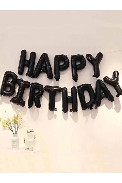 parti pera Happy Birthday Siyah Folyo Balon Seti 16 Inç 40 Cm Set