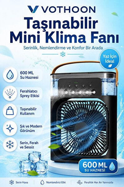Vothoon Taşınabilir Işıklı 5 Spreyli Vantilatör Buzlu Buharlı Vantilatör Mini...