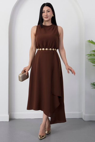 PULLIMM Crew Neck Chain Belted Crepe Dress Grs3992