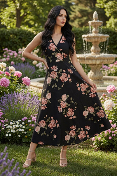 AZRA BUTİK Zero Sleeve Floral Pattern Crepe Dress