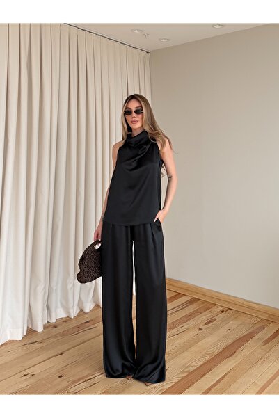 Laluvia Black Satin Blouse Pants Set - 30433