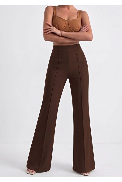 WAYS Women's Brown Ribbed Wide Leg Diver Pants Regular Waist Casual Daily