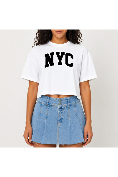 URBANTRENDSTORE Crop T-shirt Λευκό με στάμπα Νέα Υόρκη, Άνετη Γραμμή, Απλό Κο...