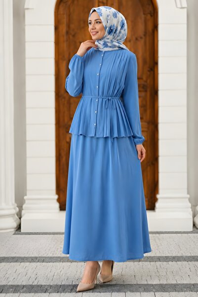 İmajButik طقم تنورة منسوجة من قماش المودال المضلّع ذو ياقة هاكيم باللون الأزر...