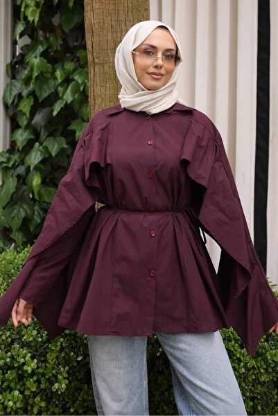İmajButik Plum Sleeves Cape Belted Waist Shirt