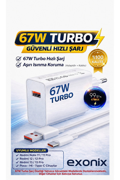 Exonix 67W (WATT) Turbo Hızlı Şarj Adaptör+Kablo(Set) Xiaomi Redmi Note 11/11...