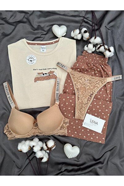Lena Homewears Women's Patterned Cotton Short Sleeve Pajama and Underwear Set