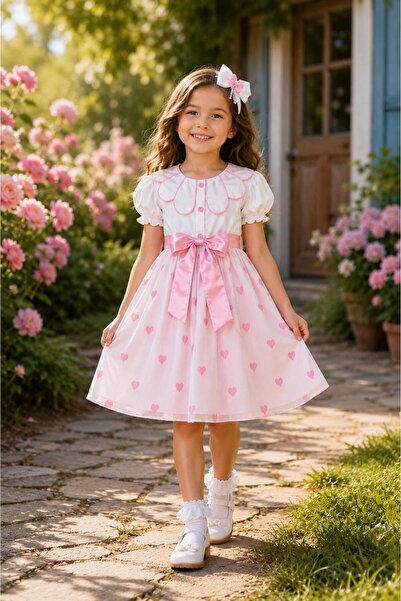 KOZADANKIDS Kalp Desenli Şifon Elbise TAÇ HEDİYELİ