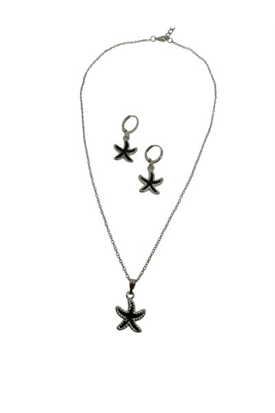 twingold Silver Color Starfish Detailed Necklace and Earring Set