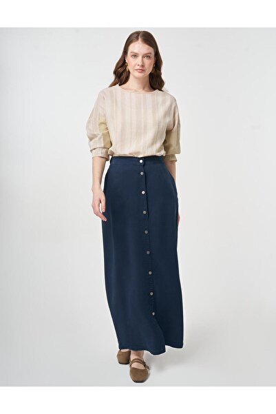 Kayra 100% Lyocell Button Detailed Skirt Dark Navy Blue