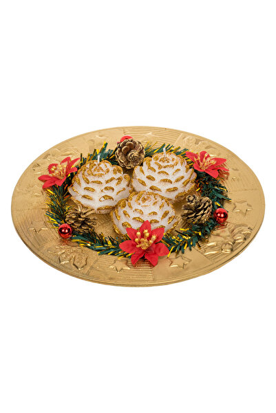 Zumzeria Farfurie decorativă de Crăciun cu 3 lumânări aurii și Crăciuniță 24cm