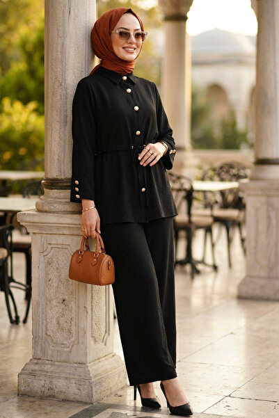 N.S NEVA STYLE Set dublu cu curea cu cataramă și hijab negru 8275S
