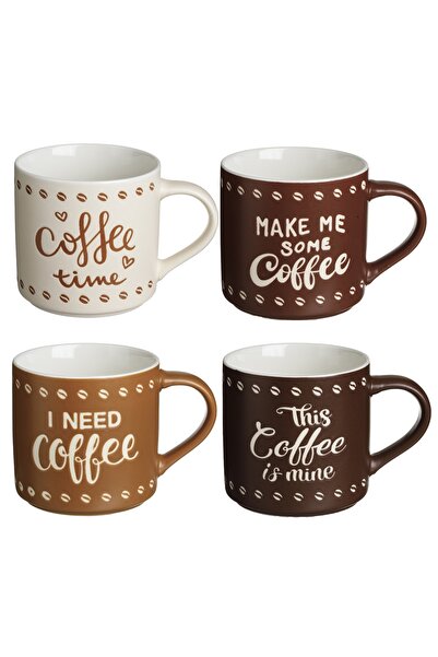 Zumzeria Set of Brown and Cream Ceramic Mugs with Messages 350ml - 4pcs