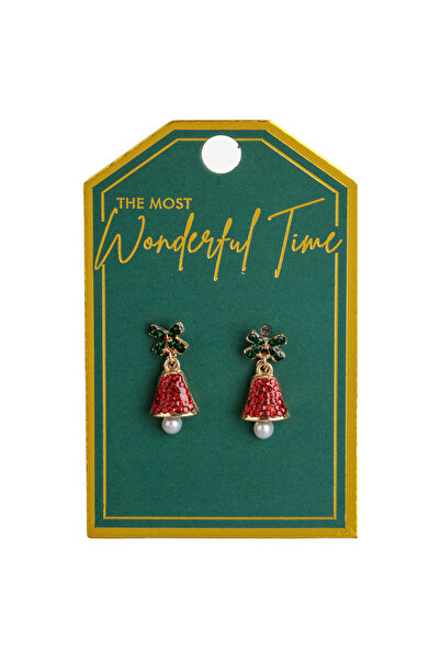 Zumzeria Christmas Earrings with Bell Design, Golden Bow, Gold Bead & Red Gre...
