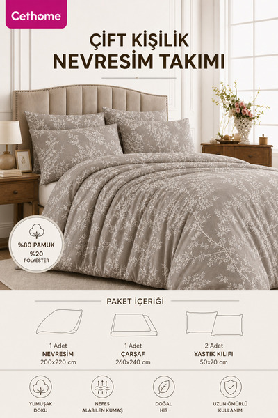 Weweus Çethome Cotton Leaf Patterned Double Duvet Cover Set