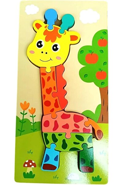 ETOY Puzzle educativ din lemn in forma de girafa cu piese colorate pentru inv...