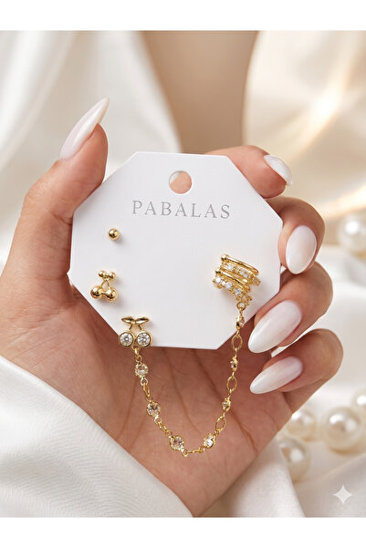 PABALAS طقم أقراط أذن على شكل كفة الأذن مرصع بحجر الزركون مع سلسلة متدلية، أق...