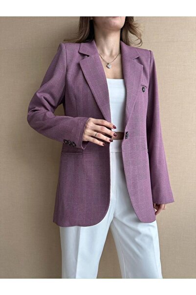 HOPE AND ME Kadın Pembe Oversize Ekose Desenli Blazer Ceket