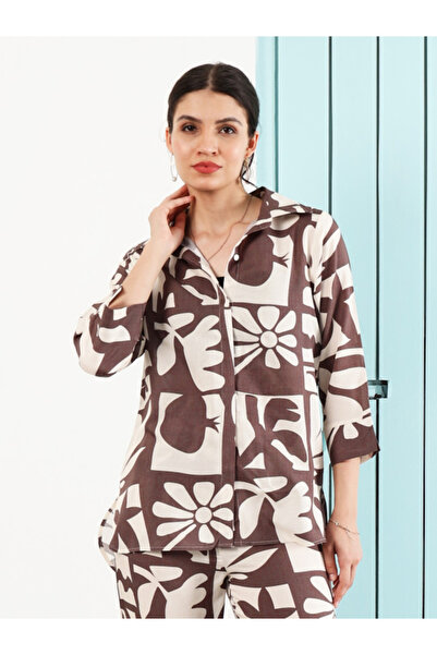 Athena By Styli Brown Graphic Print Shirt with 3/4 Sleeves