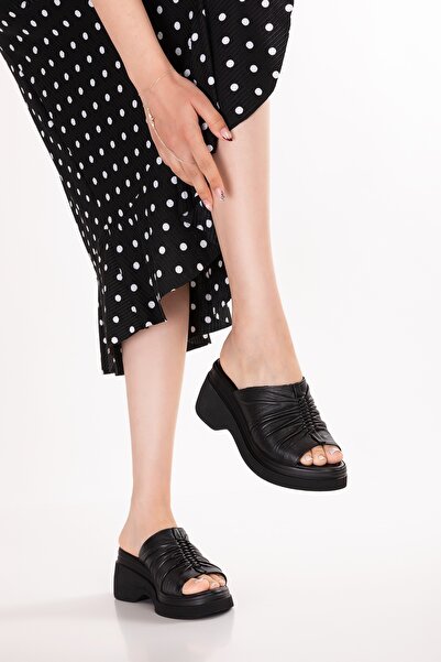 Gondol Genuine Leather Platform Sole Slippers Pkr.64023 Black