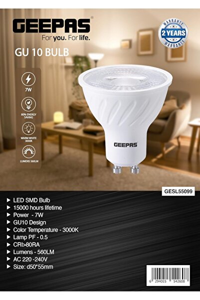 Geepas 7W GU10 LED Bulb - 560 Lumens, Warm White 3000K, Energy Efficient