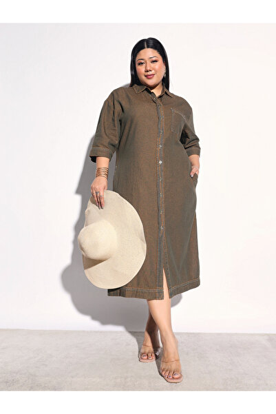 Sassafras By Styli Plus Size Green Washed Midi Shirt Dress
