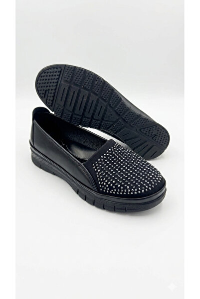 uway Women's Black Shiny Stone Detailed Classic Comfortable Orthopedic Sole M...