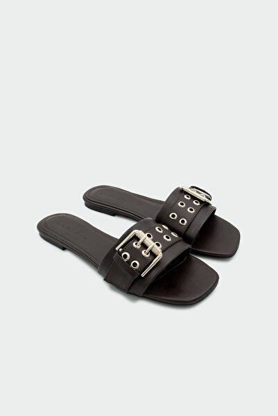 LAMİNTA Calen Buckle Detailed Women's Bitter Brown Flat Slippers