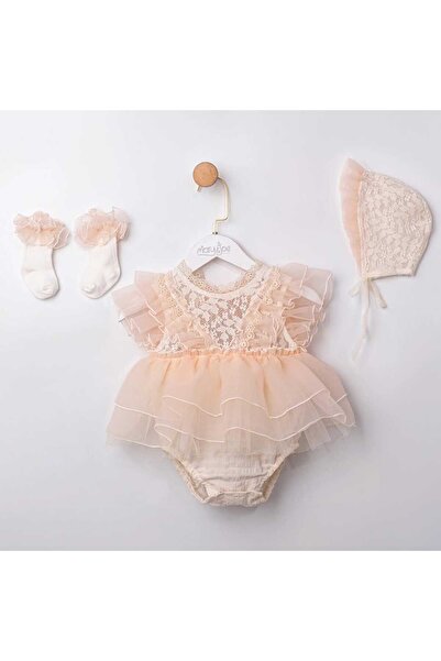 Cumino Back Part with Bow Tie and Lace, Baby Girl 3-Piece Romper Set Bone - S...