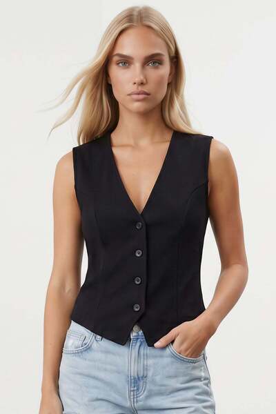 Trend Alaçatı Stili Women's black v-neck stitch detailed vest alc-x15496