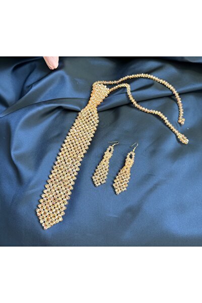 Mery Gold Kristal küpe kravat set