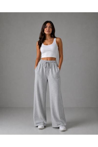 ADR MODA Pantaloni de trening gri cu buzunare laterale, talie înaltă și picio...