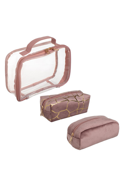 Zumzeria Set de genți cosmetice transparente în nuanțe de roz nude și auriu -...