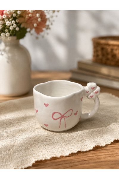 HİS Studio Ceramic Mug with Clover Shape, Mouth and Handle Detail, Bow and He...