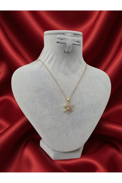 ahsenaksesuar2025 Gold Color White Zircon Stone Lotus Flower Model Steel Necklace - Tarnish Resistant - 45cm