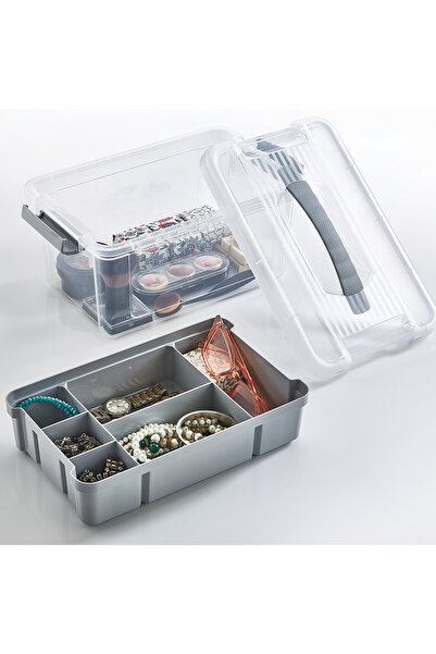 Zumzeria Gray Compartmentalized Organizer Box with Transparent Lid 29x19x14cm...