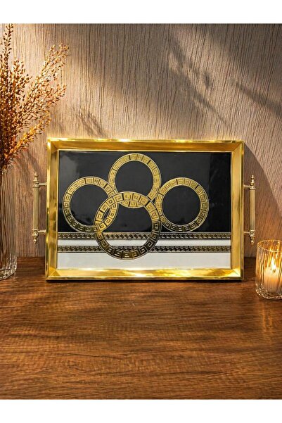 ikonsept Lüks Sunum Tepsisi Gold Çerçeveli Desenli 002
