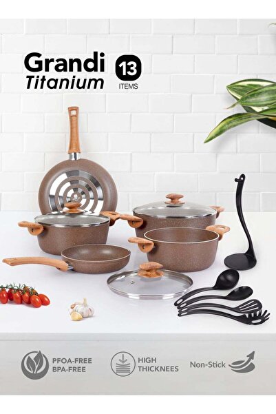 GRANDİ Granite Coated Pots And Pans Cookware Titanium Set 13 PCS With Non-Sti...