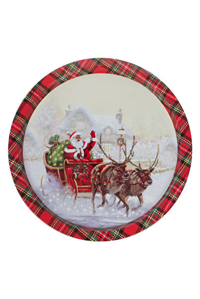 OEM Red Christmas Metal Tray with Vintage Santa Claus Sled 32cm