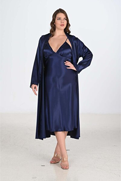 AHU Women's Plus Size 2-Piece Satin Navy Blue Midi Length Dressing Gown and N...