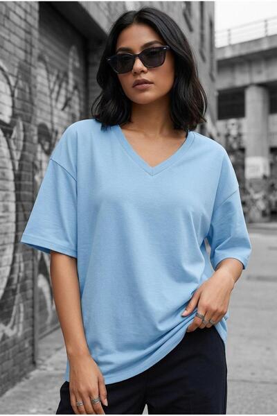 Oksit Zey Oversize V-Neck Basic Women's T-Shirt - Low Shoulder Loose Fit