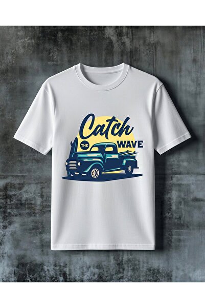 COMVİCHO تي شيرت كبير الحجم مطبوع عليه سيارة كلاسيكية من ماركة Catch the Wave