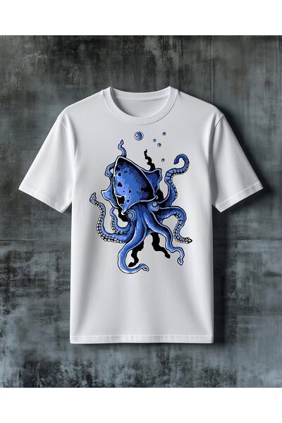 COMVİCHO Blue Octopus Ocean Printed Oversize T-Shirt