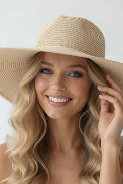 Mollycrush Summer Wide Brim Beige Fedora Women's Hat |   Model Suitable for B...