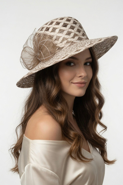 Mollycrush Gift Beige Chiffon Flower Detailed Straw Women's Hat |   Wide Brim...