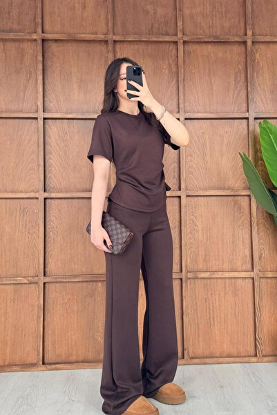 MİROR Women's Brown Drawstring Detailed T-Shirt and Pants Set