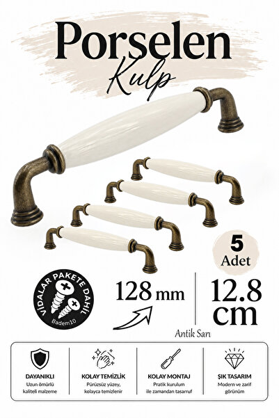 Badem10 (5 Adet) Lisin Porselen Krem Antik Kulp 128 mm 12.8 cm Mobilya Çekmec...