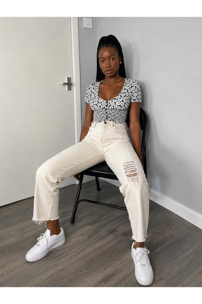 Fro line Women's Beige Color Boyfit 3413_W1 High Waist 100% Koton Jeans Pants