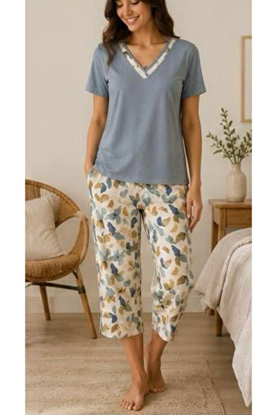 Nena 26516-Nena V-Neck Short Sleeve 100% Cotton Tamara Capri Pajama Set